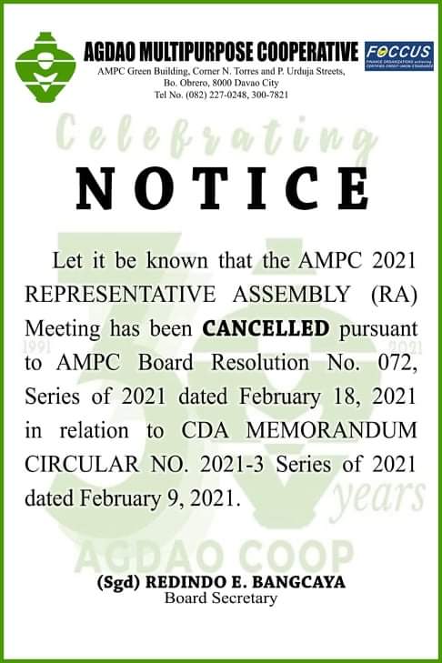 notice of cancellation of 2021 AMPC RA